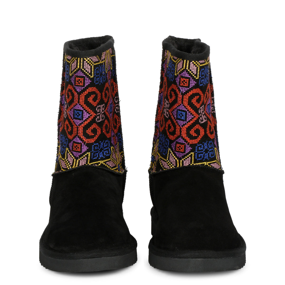 Saint Elaine Multi Embroidered Black Suede Snug Boots.