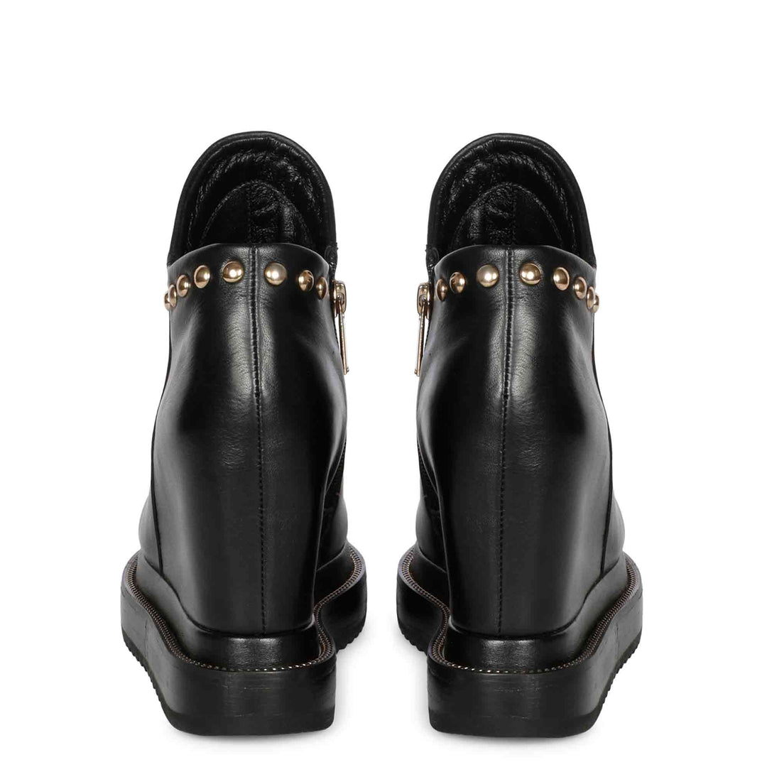 Emily Black Leather Inner Wedge Heel Ankle Boots
