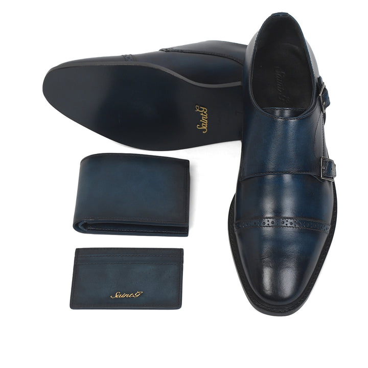 Saint Perctarit Blue Leather Double Buckle Monk With Set