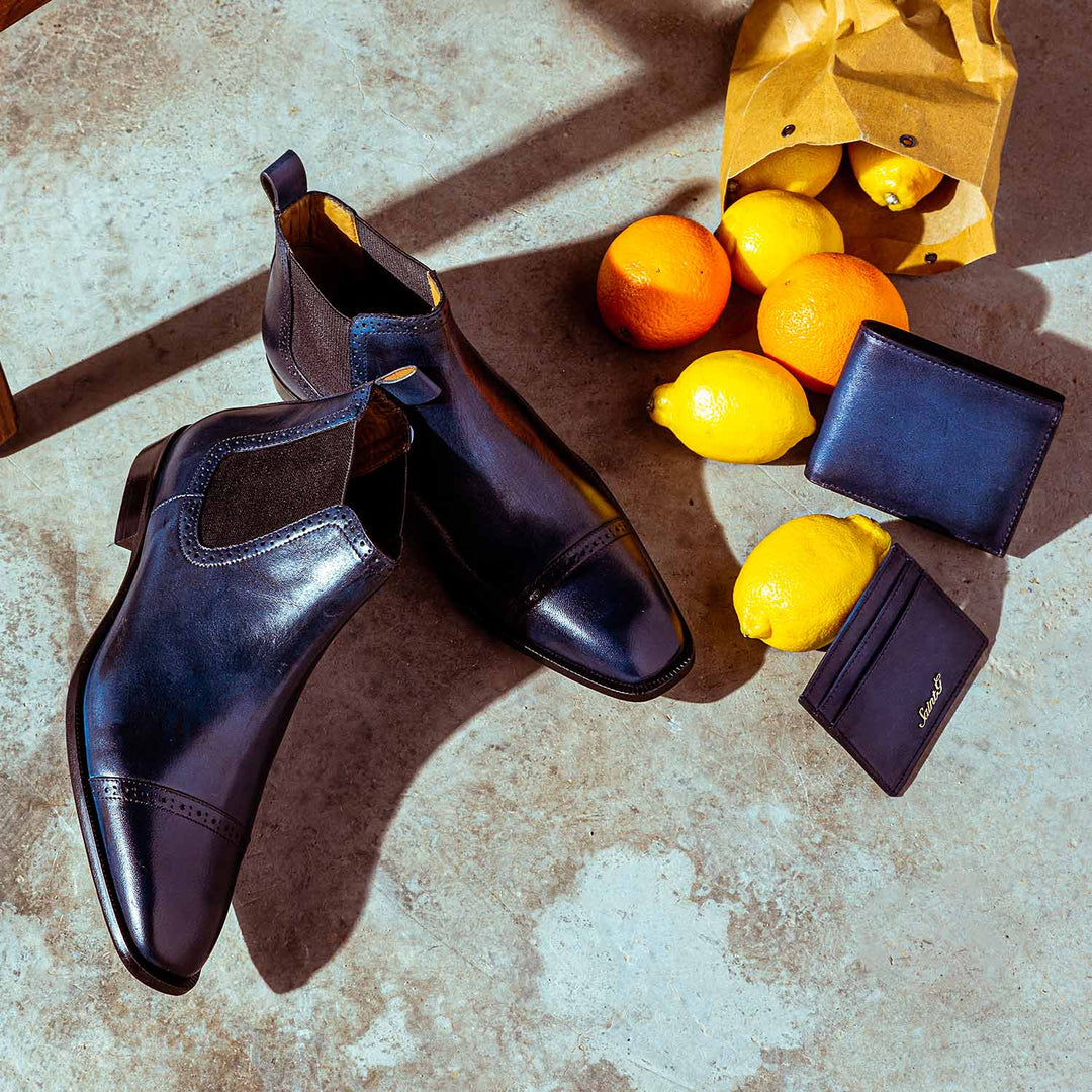 Saint Frederico Navy Leather Brogue Detail Chelsea Boots