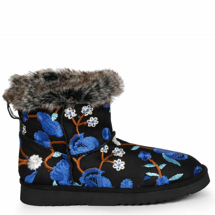 Clarisse Blue Floral Embroidered Suede Leather Snug Boots