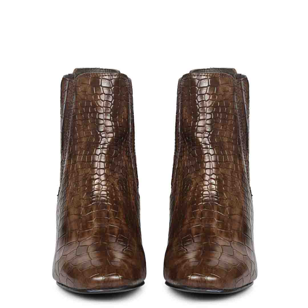 Saint Milana Brown Croco Embossed Vegan Leather Ankle Boots