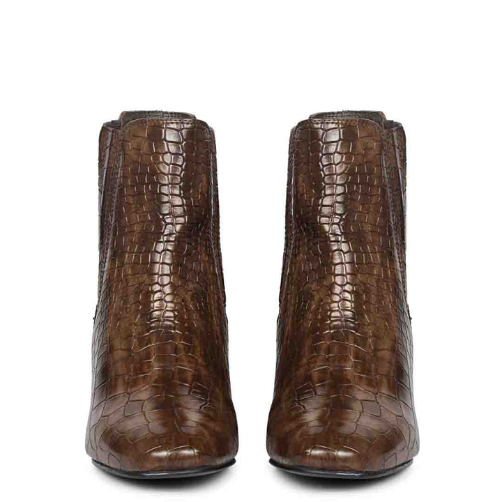 Saint Milana Brown Croco Embossed Vegan Leather Ankle Boots