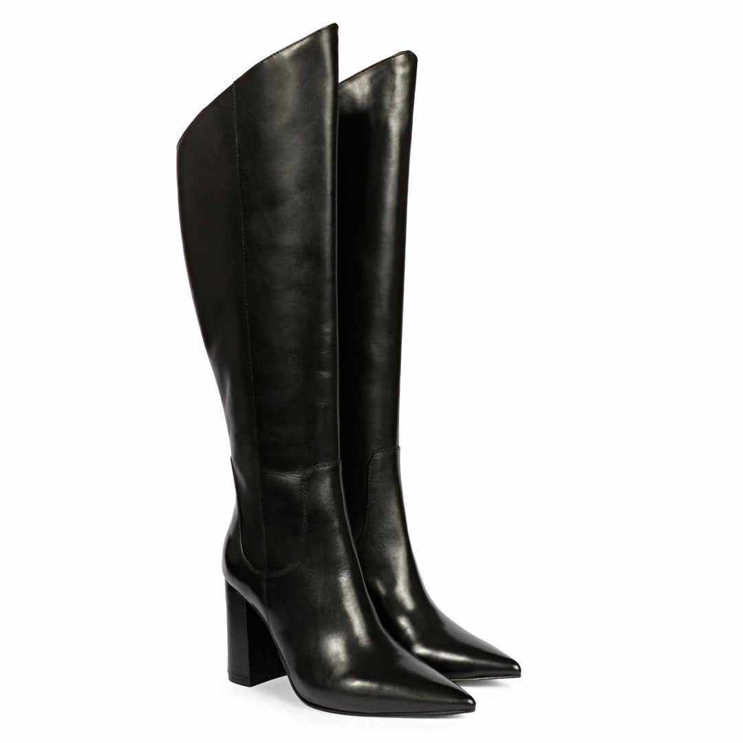 Saint Celia Black Leather Block Heel Long Boots