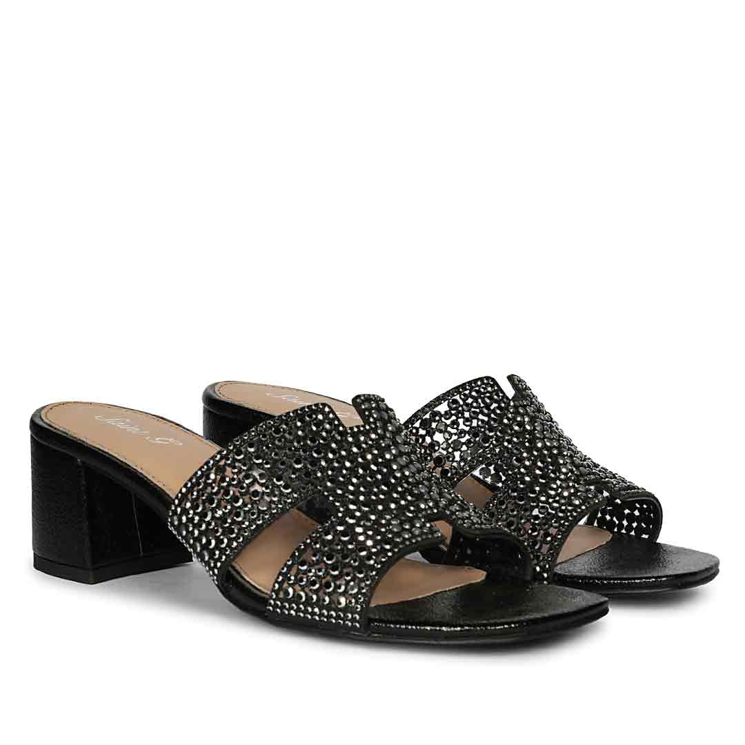 Saint Saylor Crystal Black Leather Block Heels Low