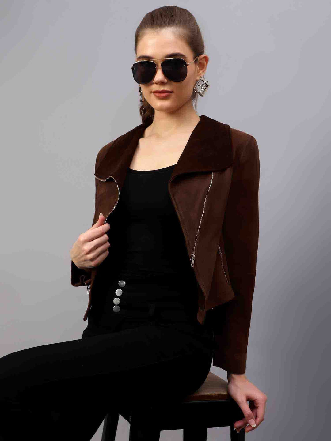 Saint Rebecca Women Brown Leather Spread Collar Jackets