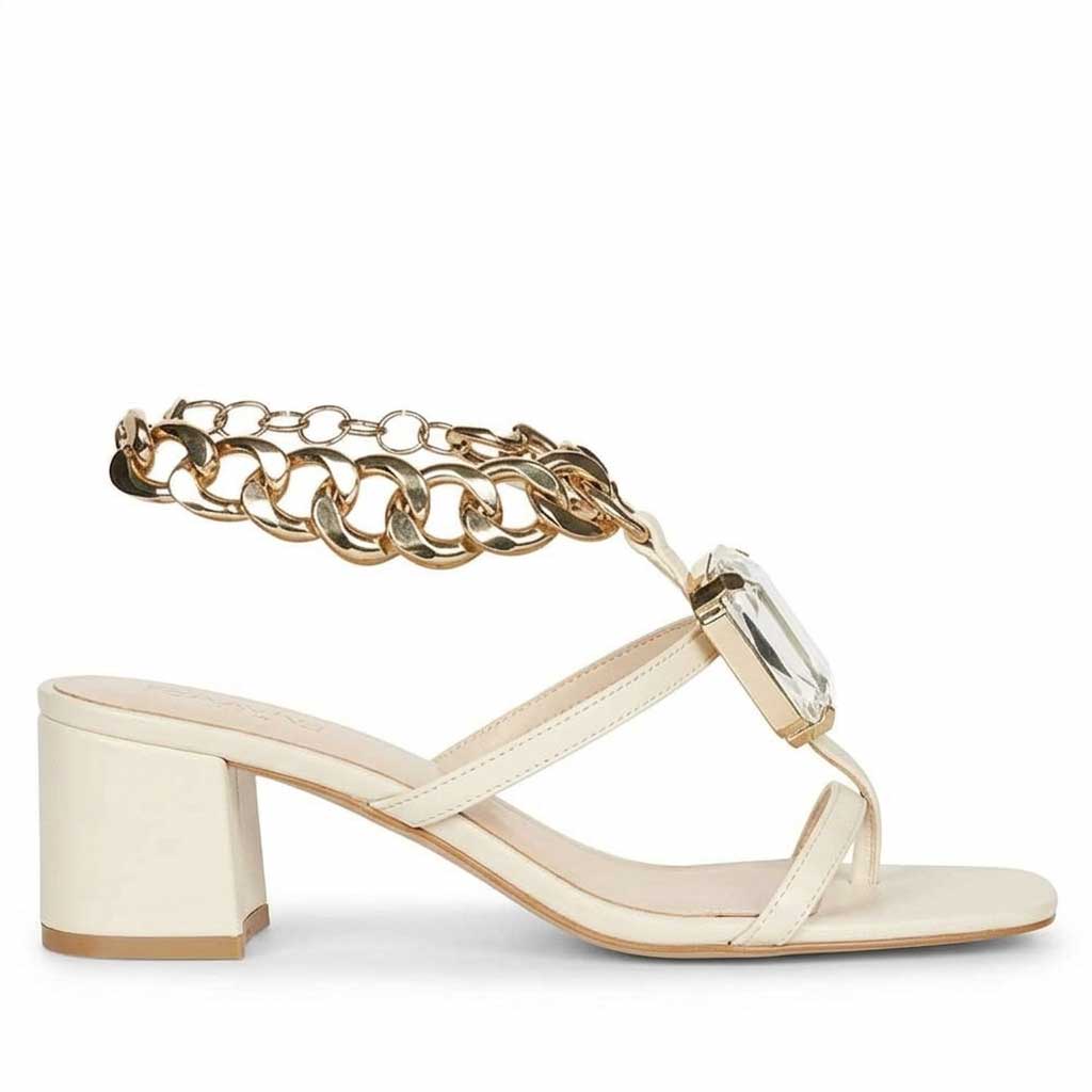 Saint Gaelle Crystal Off White Leather Chain Block Heels