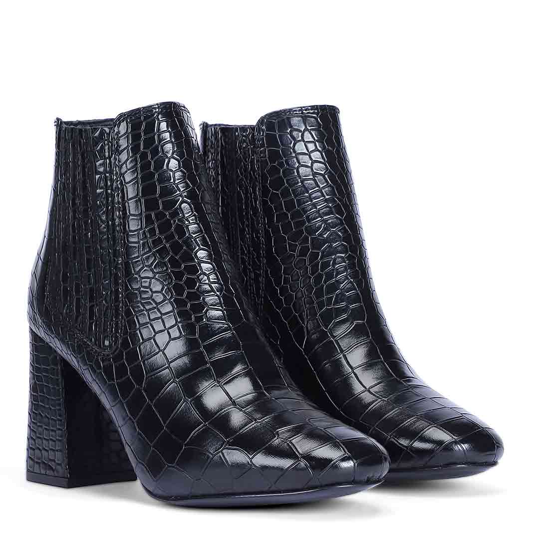 Saint Edwina Black Croc Embossed Vegan Leather Ankle Boots