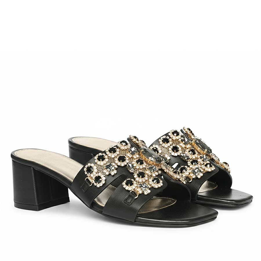 Saint Fiorenza Stone Embroidered Black Leather Block Heels