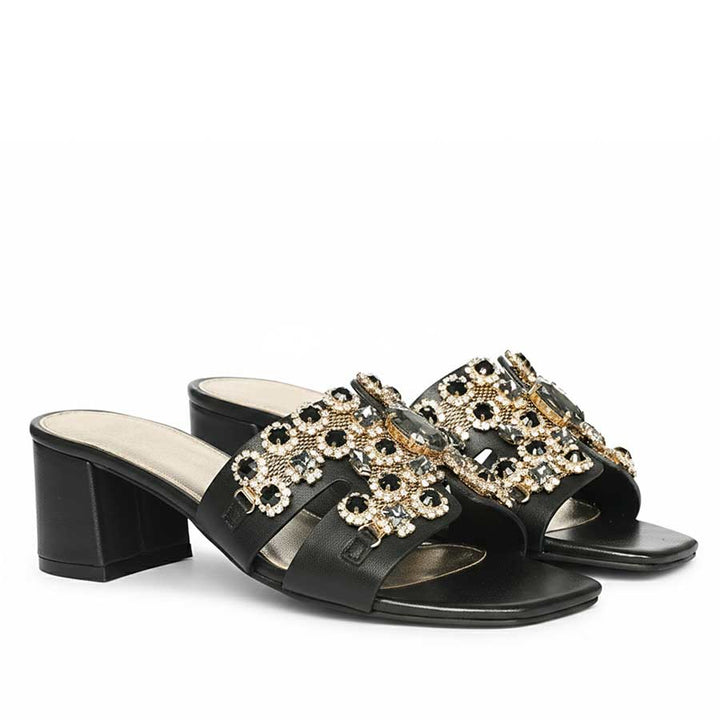 Saint Fiorenza Stone Embroidered Black Leather Block Heels