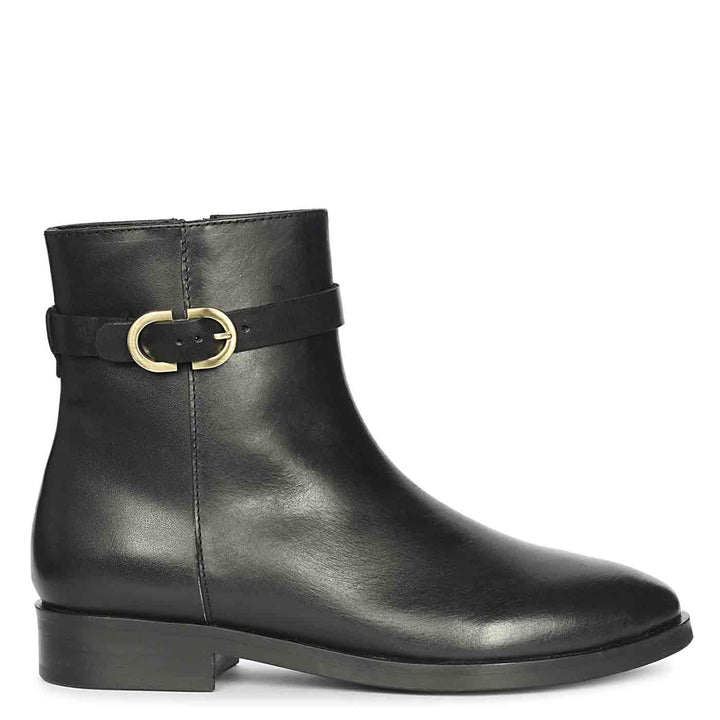 Saint Reese Black Leather Gold Buckle Decor Ankle Boots