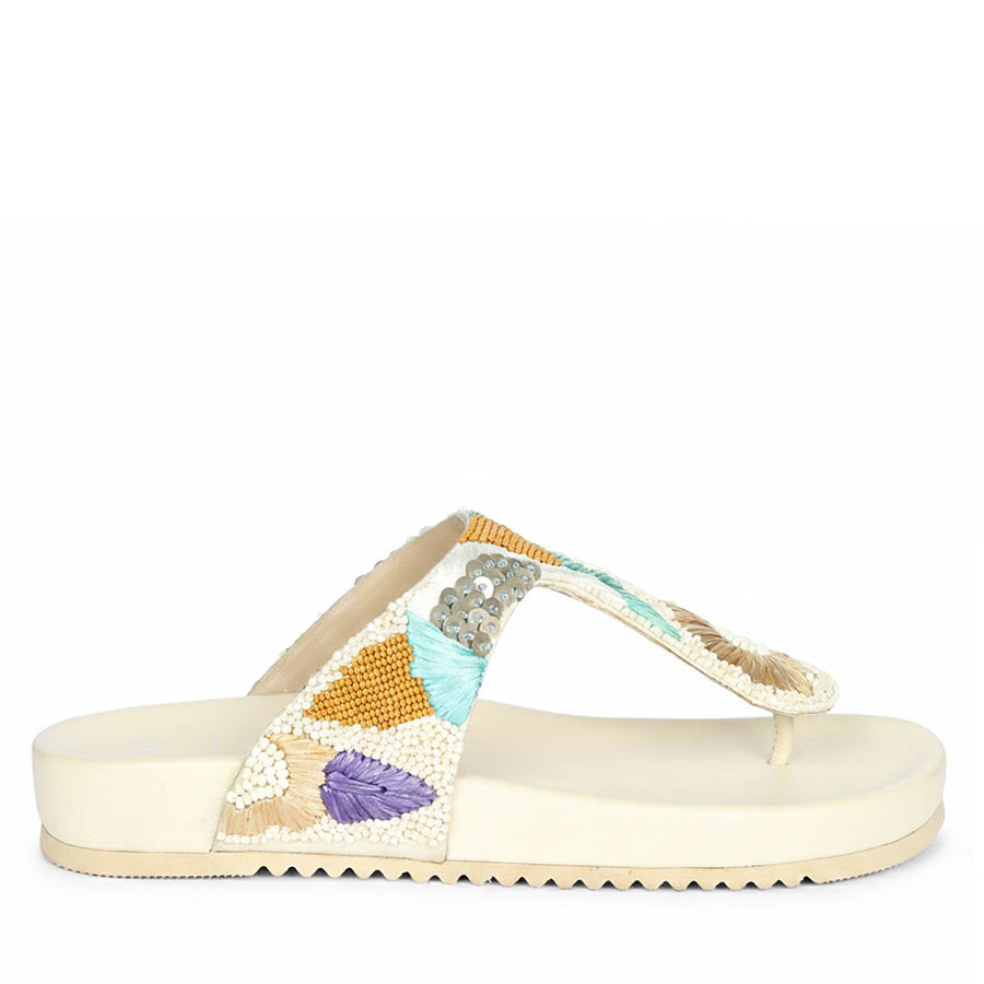 Zaria Embroidered Off White Leather Thong Footbed