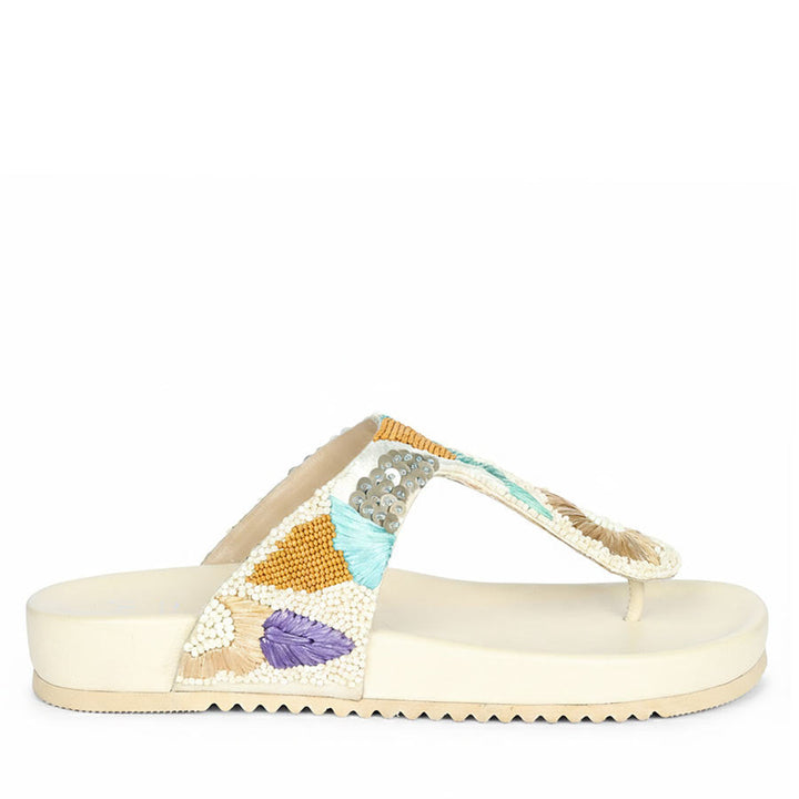 Zaria Embroidered Off White Leather Thong Footbed