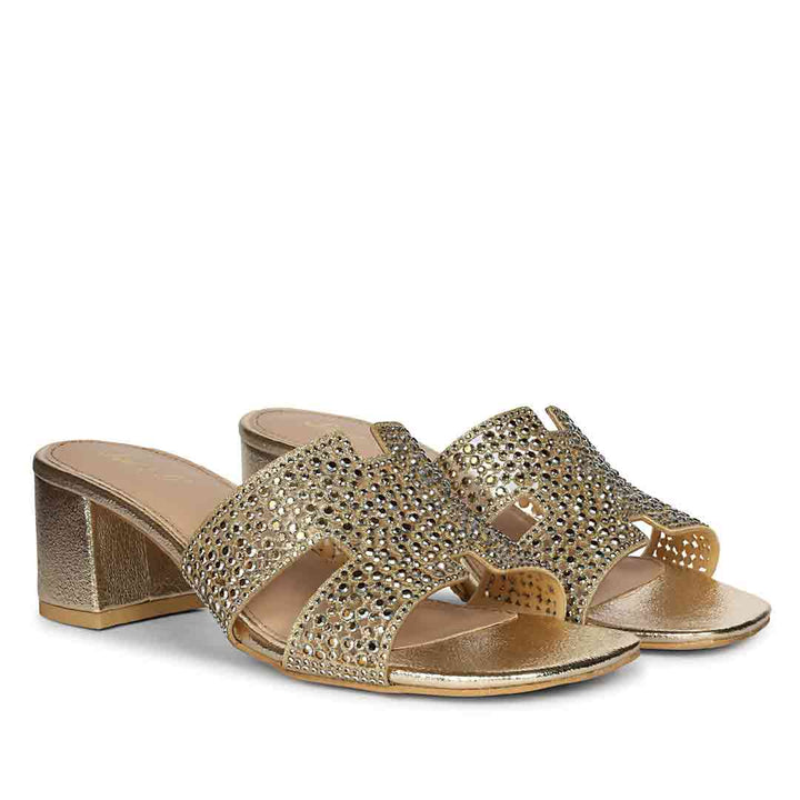 Saint Saylor Crystal Gold Leather Block Heels
