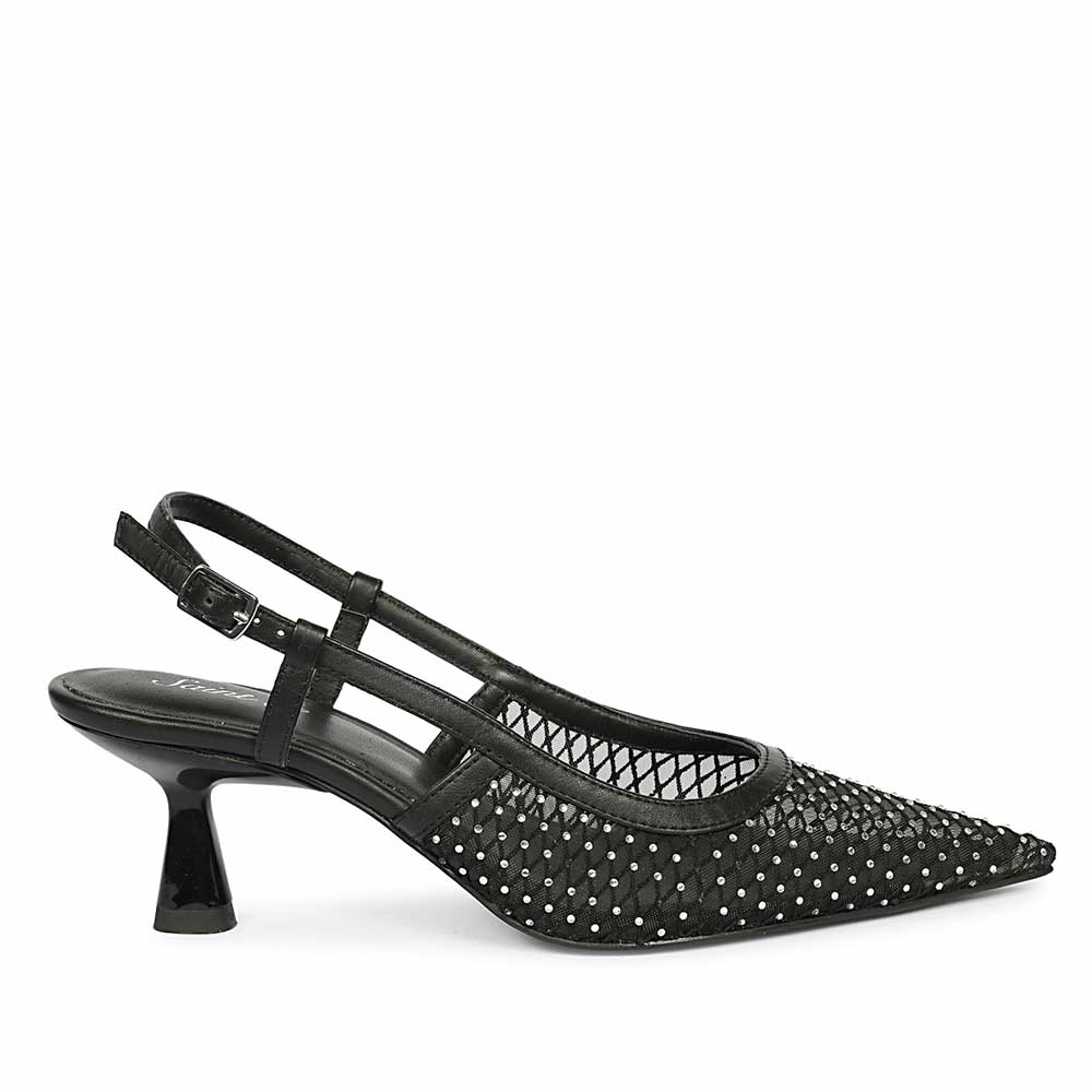 Saint Twila Crystal Embellished Black Leather Slingbacks