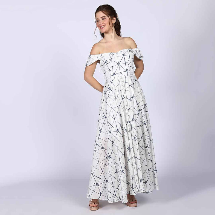 Saint Delfina Womens White Indigo Off Shoulder Cotton Maxi Dress