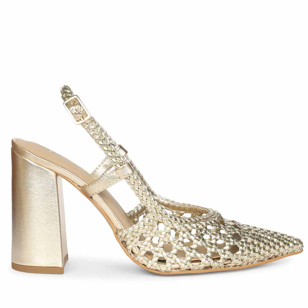 Saint Felicia Gold Woven Leather Block Heels