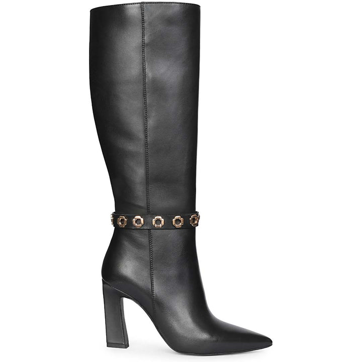 Saint Axelle Flower Eyelet Black Leather Knee-High Boots