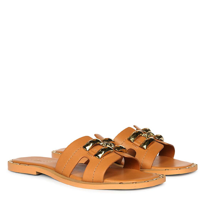 Saint Alaina Tan Leather Slides