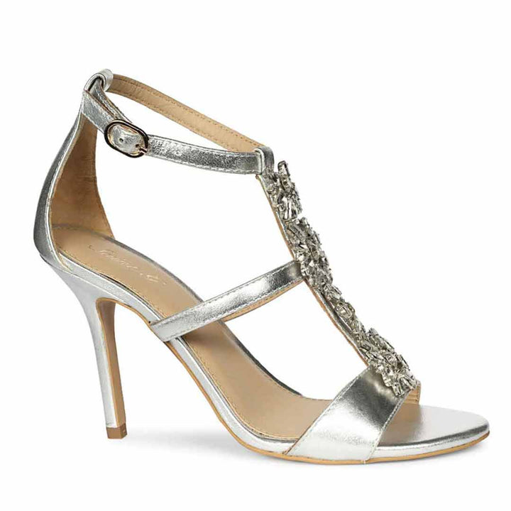 Saint Sydney Crystal Stone Metallic Silver Leather Stilettos