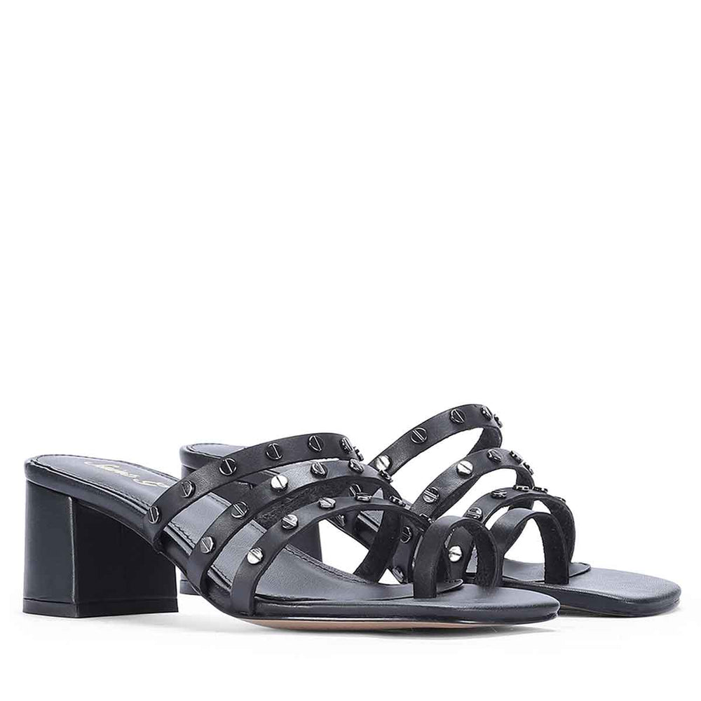 Studded Black Leather Heel Sandals