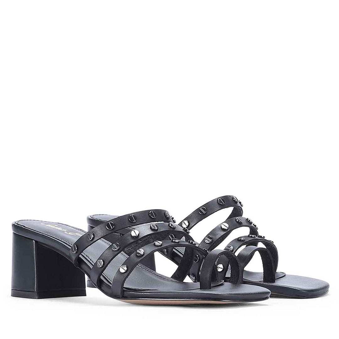 Studded Black Leather Heel Sandals