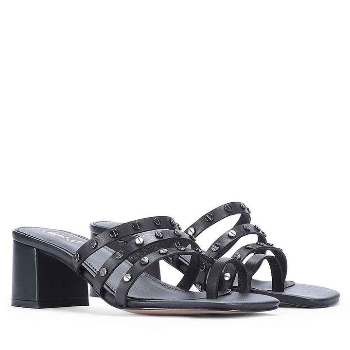 Studded Black Leather Heel Sandals