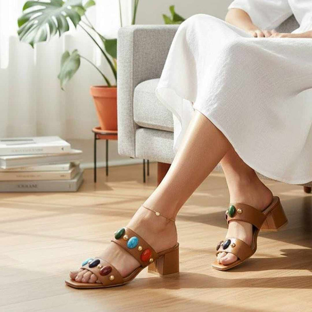 Multi-Stone Embellished Leather Heel Sandals