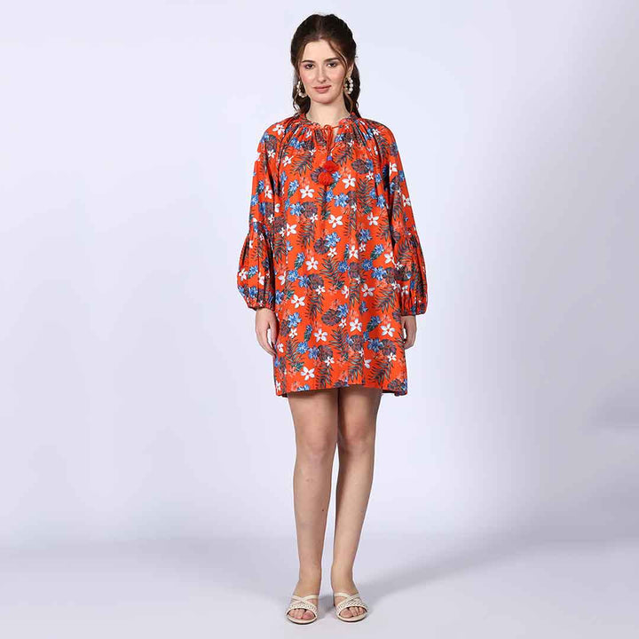 Saint Amalia Womens Orange Cotton Floral Short Dress
