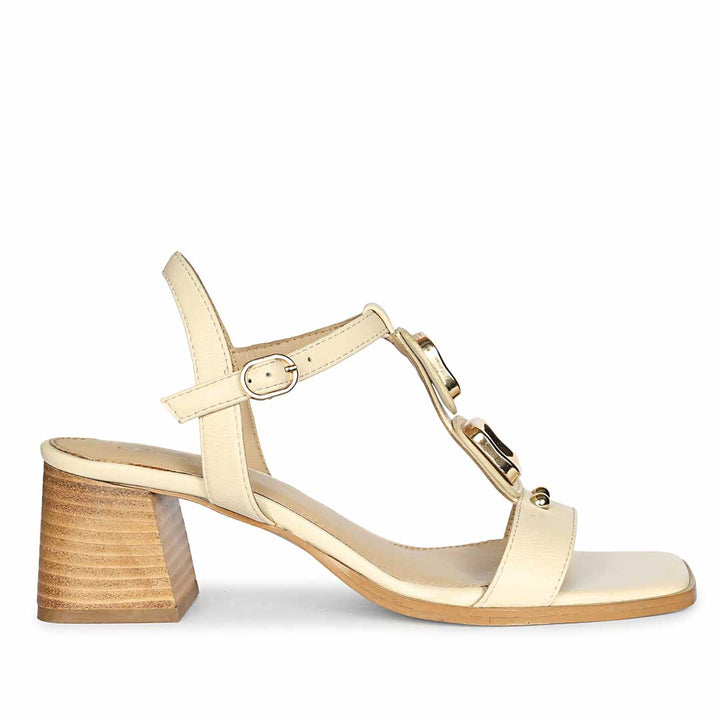 Saint Zoriel Gold Trim Off White Leather Block Heels