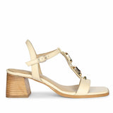 Saint Zoriel Gold Trim Off White Leather Block Heels