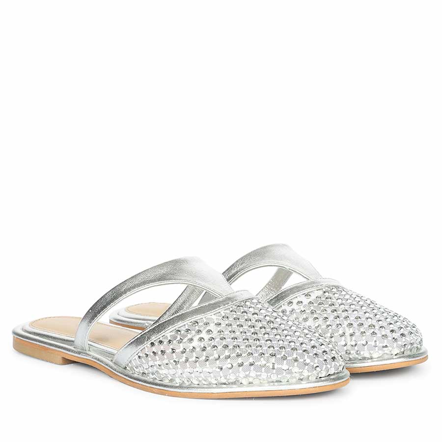 Crystal mesh silver mule flats