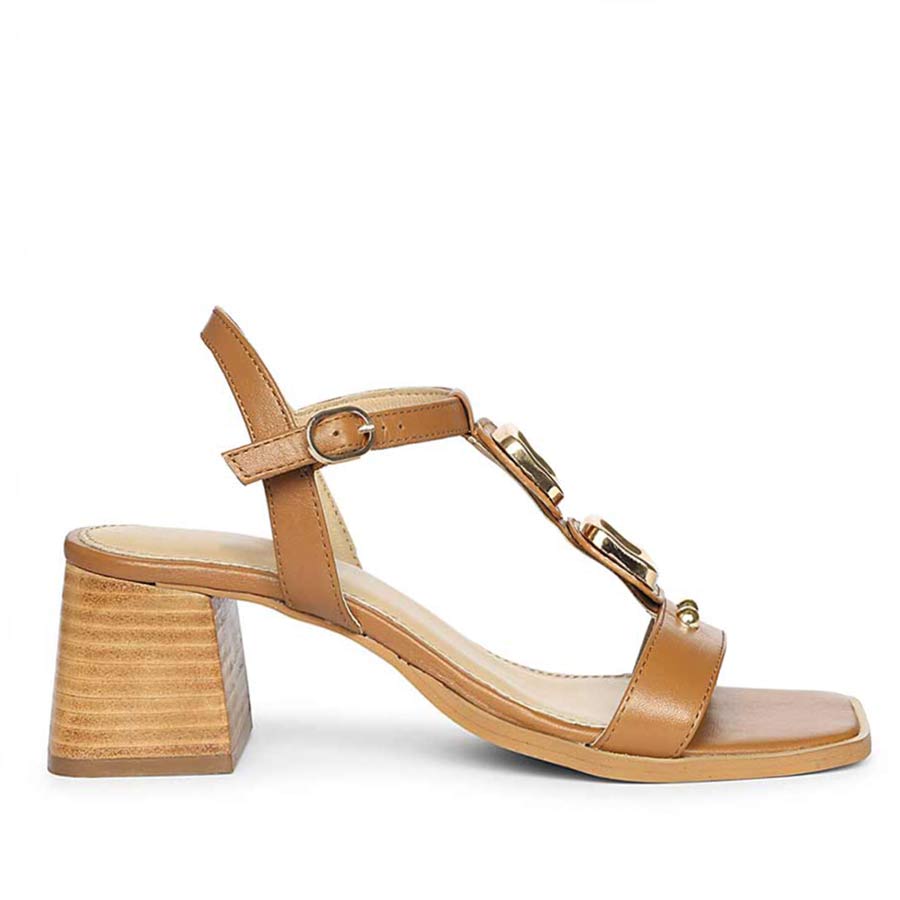 Women’s Gold Trim Tan Leather Block Heels