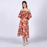 Saint Womens Ivory Red Off-Shoulder Midi Dress