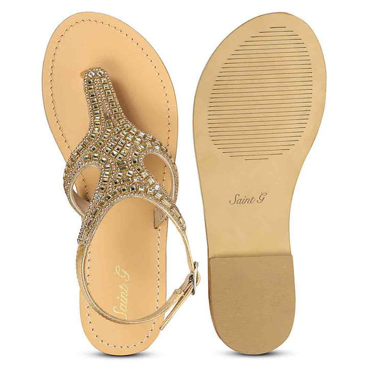 Saint Faith Embellished T-Strap Gold Leather Flats