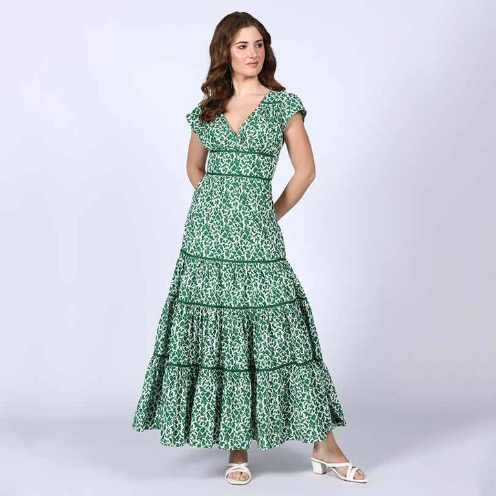 Saint Womens Green Tiered Cotton Voil Maxi Dress