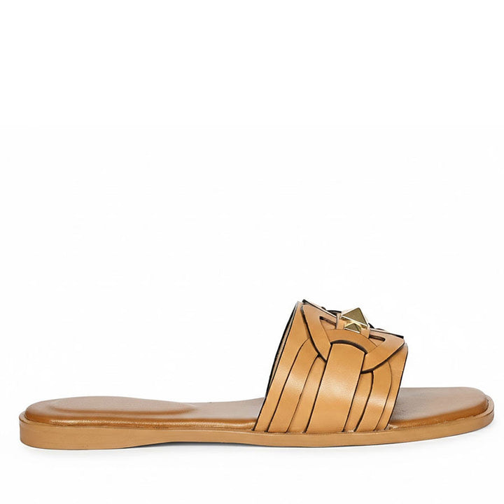 Tyla Tan Leather Pyramid Stud Slides