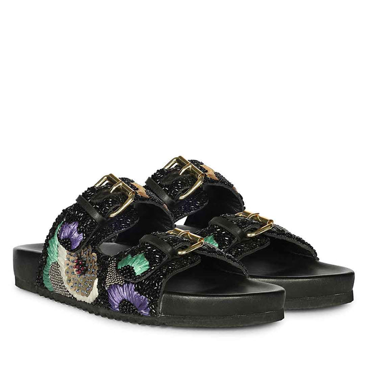 Premium black embroidered leather sandals paired for elevated summer styling