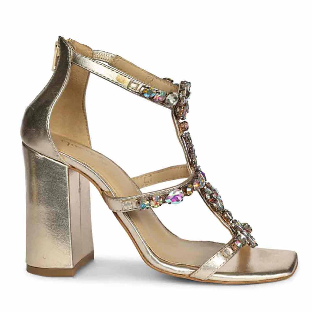 Saint Colleen Silver Stone Metallic Gold Block Heels