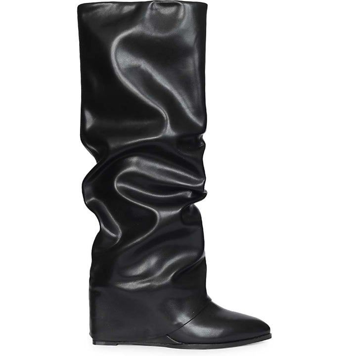 Saint Arlet Slouch Fold-Over Black Wedge Knee-High Boots