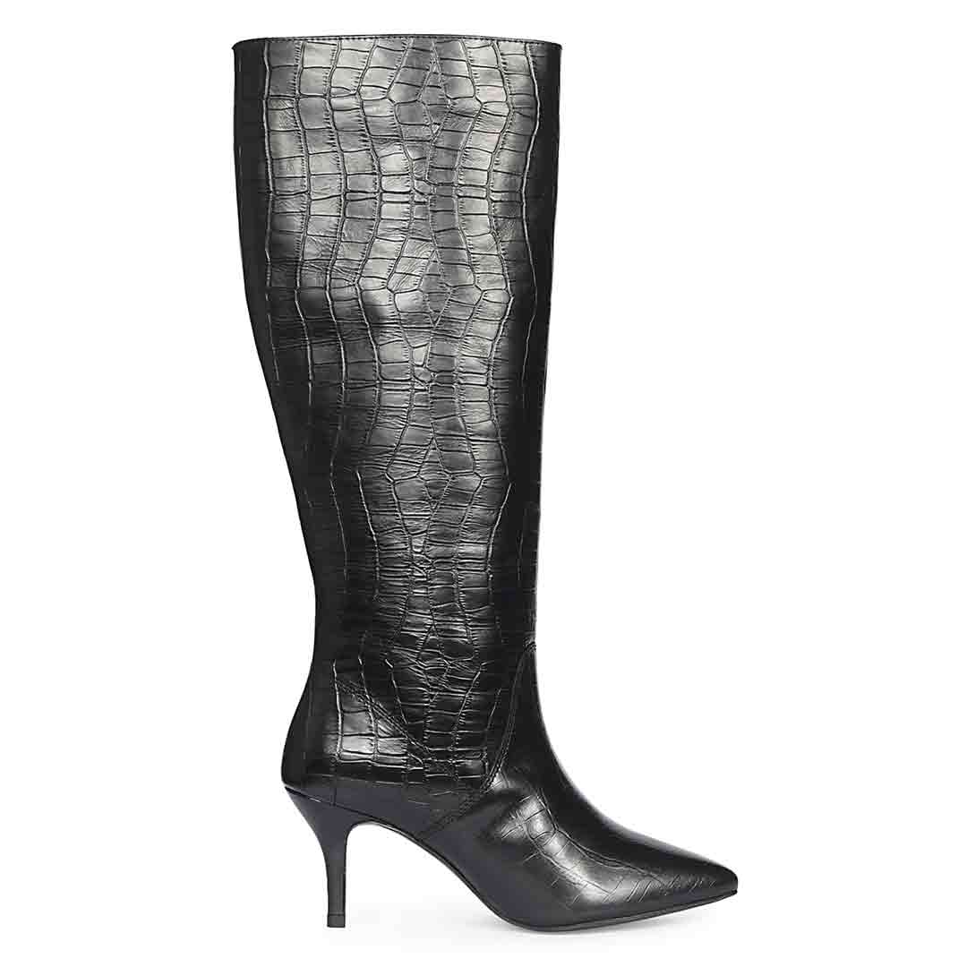 Saint Adella Croc Embossed Black Leather Long Boots