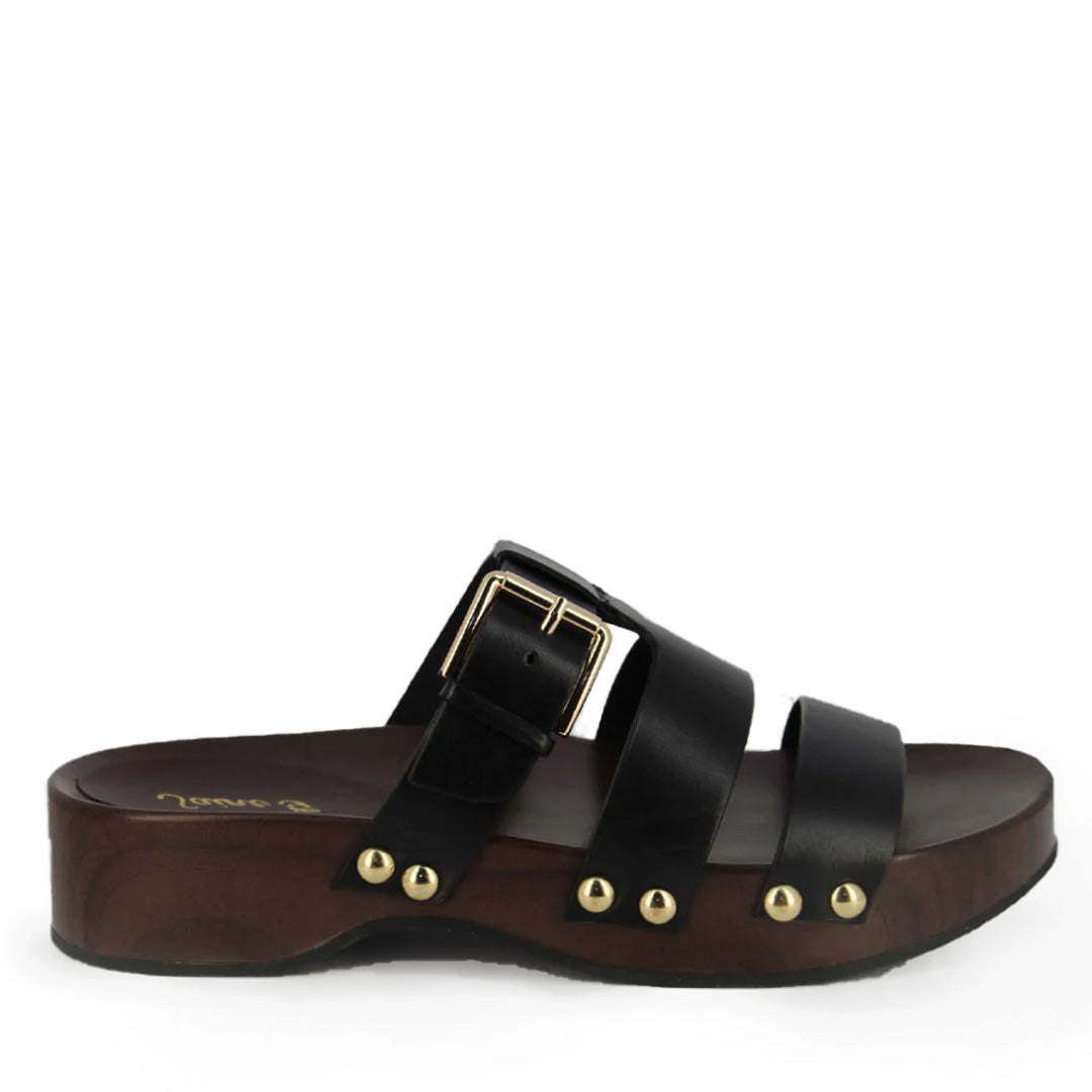 Saint Valene Buckle Black Leather Platform Sandals