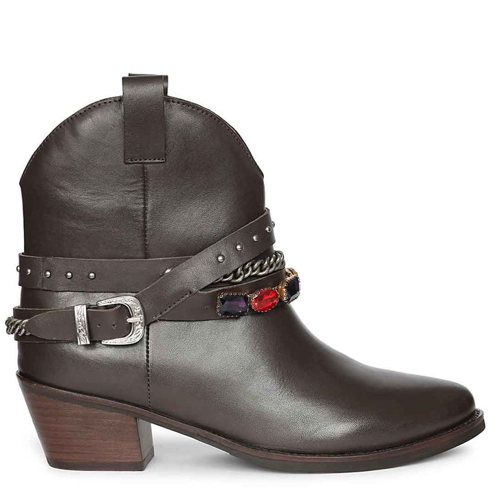 Saint Louanne Brown Leather Rhinestone Studded Décor Boots