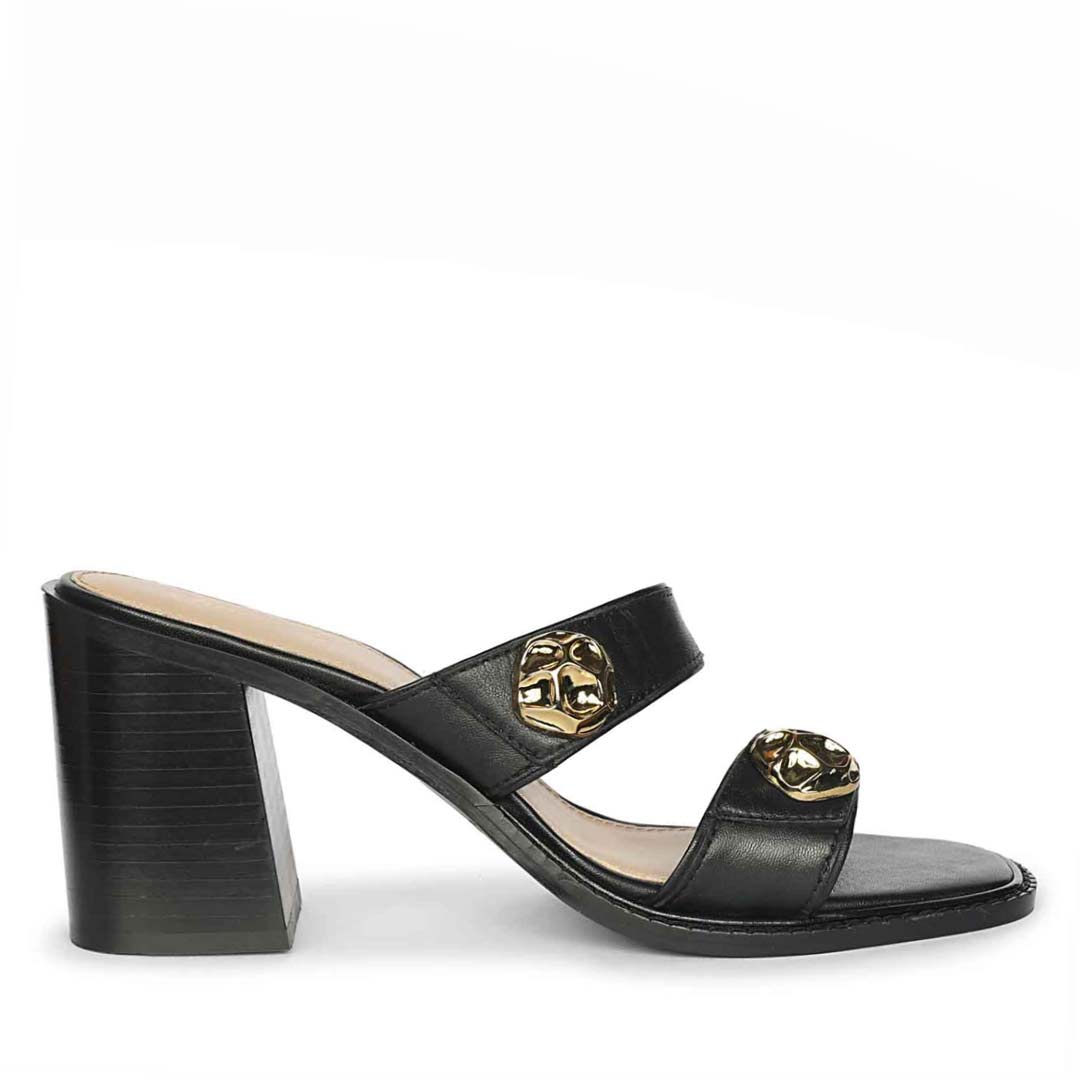 Brisa Gold Emblems Black Leather Heels for Women
