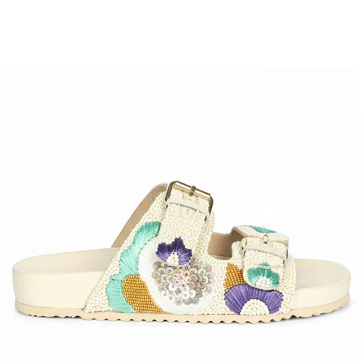 Side profile of off-white embroidered leather sandals with premium footbed