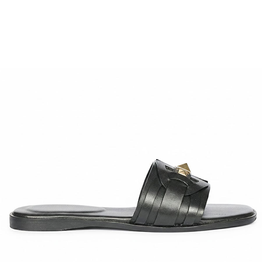 Tyla Black Leather Pyramid Stud Slides