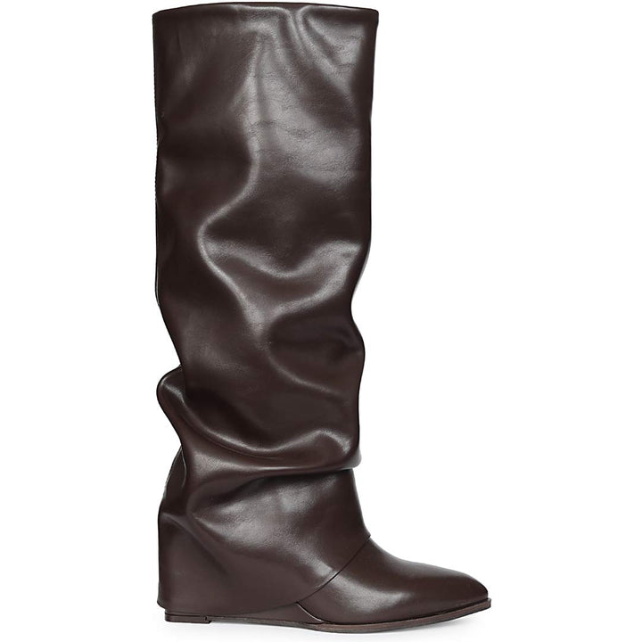 Saint Arlet Slouch Fold-Over Brown Wedge Knee-High Boots