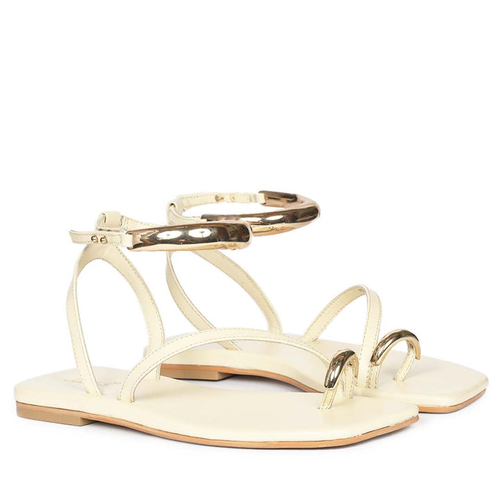 Saint Zinovia Gold-Trim Off White Leather Sandals