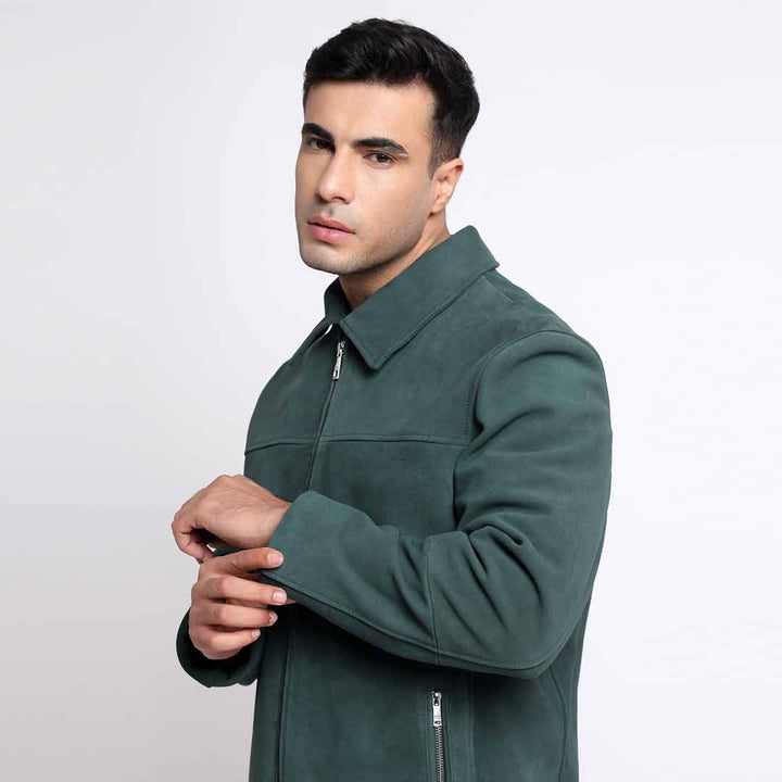 Saint Cristo Green Suede Leather Men's Jacket With Collars