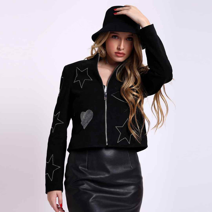 Saint Venessa Stone Embossed Black Leather Women Biker Jackets